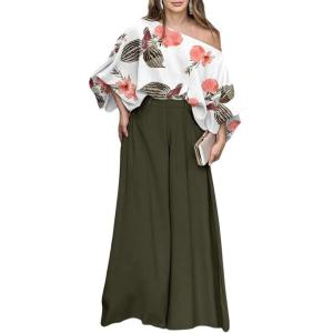 image:imageCHICME Women Summer 2 Piece Outfits Off Shoulder Top Flowy Wide Leg Pants Set Vacation Travel Airport OutfitsGreen