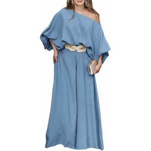 image:imageCHICME Women Summer 2 Piece Outfits Off Shoulder Top Flowy Wide Leg Pants Set Vacation Travel Airport OutfitsLmisty Blue