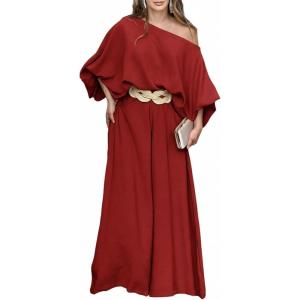 image:imageCHICME Women Summer 2 Piece Outfits Off Shoulder Top Flowy Wide Leg Pants Set Vacation Travel Airport OutfitsMdark Red
