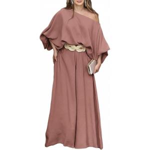 image:imageCHICME Women Summer 2 Piece Outfits Off Shoulder Top Flowy Wide Leg Pants Set Vacation Travel Airport OutfitsNred Bean