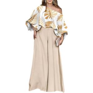 image:imageCHICME Women Summer 2 Piece Outfits Off Shoulder Top Flowy Wide Leg Pants Set Vacation Travel Airport OutfitsQapricot