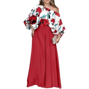 image:imageCHICME Women Summer 2 Piece Outfits Off Shoulder Top Flowy Wide Leg Pants Set Vacation Travel Airport OutfitsRed