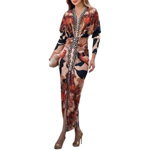image:imageCHICME Womens Bodycon Long Sleeve Dress Casual Plunge V Neck Ruched Midi Dress Fall Bodycon Slit Office Work DressesAbrown