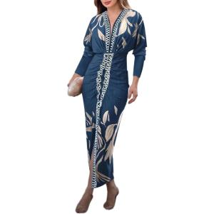 image:imageCHICME Womens Bodycon Long Sleeve Dress Casual Plunge V Neck Ruched Midi Dress Fall Bodycon Slit Office Work DressesBlue