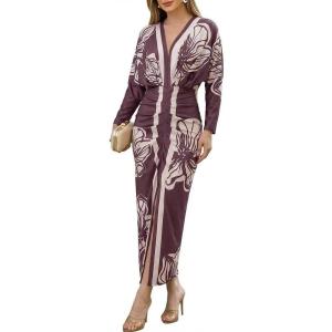 image:imageCHICME Womens Bodycon Long Sleeve Dress Casual Plunge V Neck Ruched Midi Dress Fall Bodycon Slit Office Work DressesDark Red