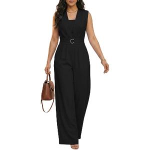 image:imageCHICME Womens Casual Jumpsuit V Neck Sleeveless LaceUp Elastic Back Waist Shirred Wide Leg Romper with Bandeau TopBlack