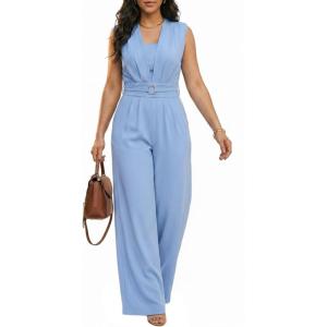 image:imageCHICME Womens Casual Jumpsuit V Neck Sleeveless LaceUp Elastic Back Waist Shirred Wide Leg Romper with Bandeau TopLighted Blue