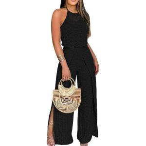 image:imageCHICME Womens Eyelet Halter Neck Jumpsuit High Waist Wide Leg Romper with Side Slit Casual Summer One Piece OutfitBlack