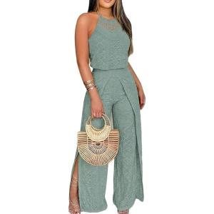 image:imageCHICME Womens Eyelet Halter Neck Jumpsuit High Waist Wide Leg Romper with Side Slit Casual Summer One Piece OutfitGreen