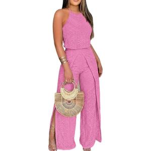 image:imageCHICME Womens Eyelet Halter Neck Jumpsuit High Waist Wide Leg Romper with Side Slit Casual Summer One Piece OutfitHot Pink