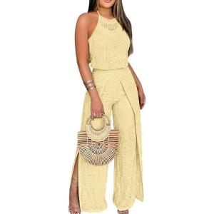 image:imageCHICME Womens Eyelet Halter Neck Jumpsuit High Waist Wide Leg Romper with Side Slit Casual Summer One Piece OutfitLight Yellow