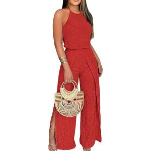 image:imageCHICME Womens Eyelet Halter Neck Jumpsuit High Waist Wide Leg Romper with Side Slit Casual Summer One Piece OutfitRed