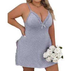 image:imageCHICME Womens Lace Trim Side Slit Modal Cami Sleep Dress Loungewear Cute Night Gowns for WomenUplus Size Gray
