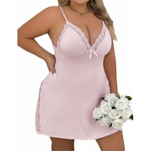 image:imageCHICME Womens Lace Trim Side Slit Modal Cami Sleep Dress Loungewear Cute Night Gowns for WomenVplus Size Pink