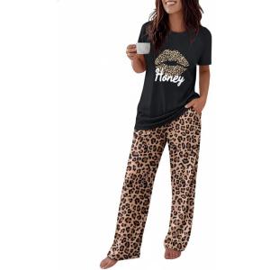 image:imageCHICME Womens Pajamas Sets 2 Piece Short Sleeve Lounge Set Printed Loose Pants Pj Sets Loungewear SetGblack