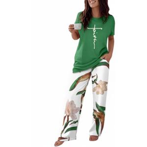 image:imageCHICME Womens Pajamas Sets 2 Piece Short Sleeve Lounge Set Printed Loose Pants Pj Sets Loungewear SetGreen