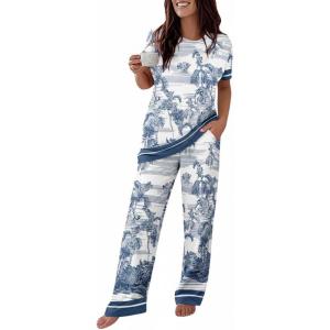 image:imageCHICME Womens Pajamas Sets 2 Piece Short Sleeve Lounge Set Printed Loose Pants Pj Sets Loungewear SetHblue