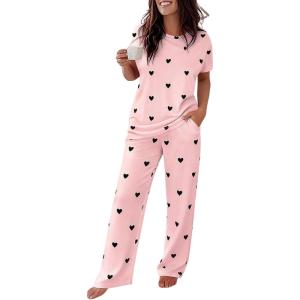 image:imageCHICME Womens Pajamas Sets 2 Piece Short Sleeve Lounge Set Printed Loose Pants Pj Sets Loungewear SetPink