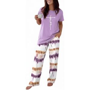 image:imageCHICME Womens Pajamas Sets 2 Piece Short Sleeve Lounge Set Printed Loose Pants Pj Sets Loungewear SetPurple