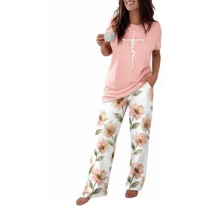 image:imageCHICME Womens Pajamas Sets 2 Piece Short Sleeve Lounge Set Printed Loose Pants Pj Sets Loungewear SetQpink