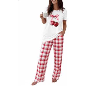 image:imageCHICME Womens Pajamas Sets 2 Piece Short Sleeve Lounge Set Printed Loose Pants Pj Sets Loungewear SetRed