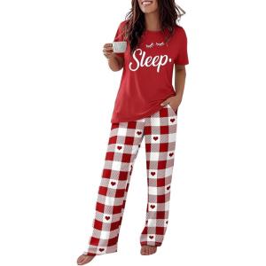 image:imageCHICME Womens Pajamas Sets 2 Piece Short Sleeve Lounge Set Printed Loose Pants Pj Sets Loungewear SetSleep Red