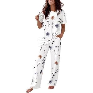 image:imageCHICME Womens Pajamas Sets 2 Piece Short Sleeve Lounge Set Printed Loose Pants Pj Sets Loungewear SetWhite