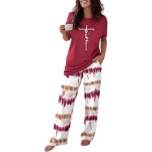 image:imageCHICME Womens Pajamas Sets 2 Piece Short Sleeve Lounge Set Printed Loose Pants Pj Sets Loungewear SetWine Red