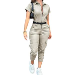 image:imageCHICME Womens Short Sleeve Jumpsuit Turn Down Collar Casual Zip Up Jumpsuits Pocket Design Cargo RomperAkhaki