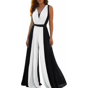 image:imageCHICME Womens Sleeveless Colorblock Jumpsuit Casual Plunge V Neck Waist Tied Detail Pleated RomperBlack