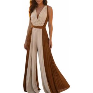 image:imageCHICME Womens Sleeveless Colorblock Jumpsuit Casual Plunge V Neck Waist Tied Detail Pleated RomperDark Brown