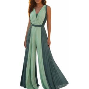 image:imageCHICME Womens Sleeveless Colorblock Jumpsuit Casual Plunge V Neck Waist Tied Detail Pleated RomperDark Green