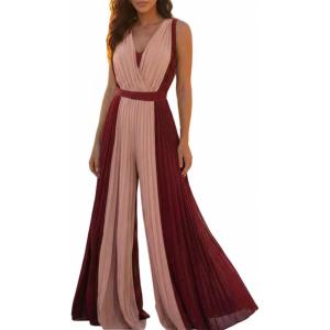 image:imageCHICME Womens Sleeveless Colorblock Jumpsuit Casual Plunge V Neck Waist Tied Detail Pleated RomperDark Red