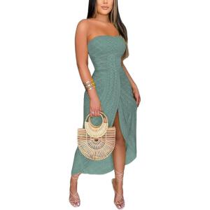 image:imageCHICME Womens Strapless Maxi Bodycon Dresses Wrap Asymmetrical Beach Maxi Long Dress Beach CoverupsAgreen