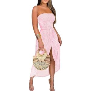 image:imageCHICME Womens Strapless Maxi Bodycon Dresses Wrap Asymmetrical Beach Maxi Long Dress Beach CoverupsLight Pink