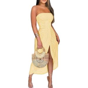 image:imageCHICME Womens Strapless Maxi Bodycon Dresses Wrap Asymmetrical Beach Maxi Long Dress Beach CoverupsYellow