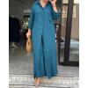 image:imageCHICME Womens 2 Piece Casual Outfits Long Sleeve Button Down Longline Shirt and Wide Leg Pants Set Lounge SetTurquoise Blue