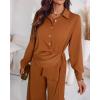 image:imageCHICME Womens 2 Piece Outfit Long Sleeve Drawstring Slit Asymmetrical Hem Top and Elastic Back Waist Wide Leg Pants SetBrown