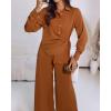 image:imageCHICME Womens 2 Piece Outfit Long Sleeve Drawstring Slit Asymmetrical Hem Top and Elastic Back Waist Wide Leg Pants SetBrown