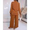 image:imageCHICME Womens 2 Piece Outfit Long Sleeve Drawstring Slit Asymmetrical Hem Top and Elastic Back Waist Wide Leg Pants SetBrown