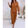 image:imageCHICME Womens 2 Piece Outfit Long Sleeve Drawstring Slit Asymmetrical Hem Top and Elastic Back Waist Wide Leg Pants SetBrown