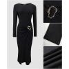 image:imageCHICME Womens Bodycon Midi Dress Long Sleeve Ruched Waist Slim Fit Slit Buckle Decor Dress Cocktail Party DressBlack