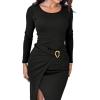 image:imageCHICME Womens Bodycon Midi Dress Long Sleeve Ruched Waist Slim Fit Slit Buckle Decor Dress Cocktail Party DressBlack