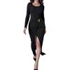 image:imageCHICME Womens Bodycon Midi Dress Long Sleeve Ruched Waist Slim Fit Slit Buckle Decor Dress Cocktail Party DressBlack
