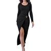 image:imageCHICME Womens Bodycon Midi Dress Long Sleeve Ruched Waist Slim Fit Slit Buckle Decor Dress Cocktail Party DressBlack