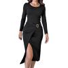 image:imageCHICME Womens Bodycon Midi Dress Long Sleeve Ruched Waist Slim Fit Slit Buckle Decor Dress Cocktail Party DressBlack