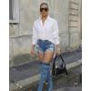 image:imageCHICME Womens Button Down Shirt Collared V Neck Long Sleeve Slit Side Long Blouse Top with Curved HemAwhite