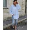 image:imageCHICME Womens Button Down Shirt Collared V Neck Long Sleeve Slit Side Long Blouse Top with Curved HemBlue
