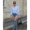 image:imageCHICME Womens Button Down Shirt Collared V Neck Long Sleeve Slit Side Long Blouse Top with Curved HemBlue