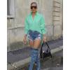 image:imageCHICME Womens Button Down Shirt Collared V Neck Long Sleeve Slit Side Long Blouse Top with Curved HemLight Green
